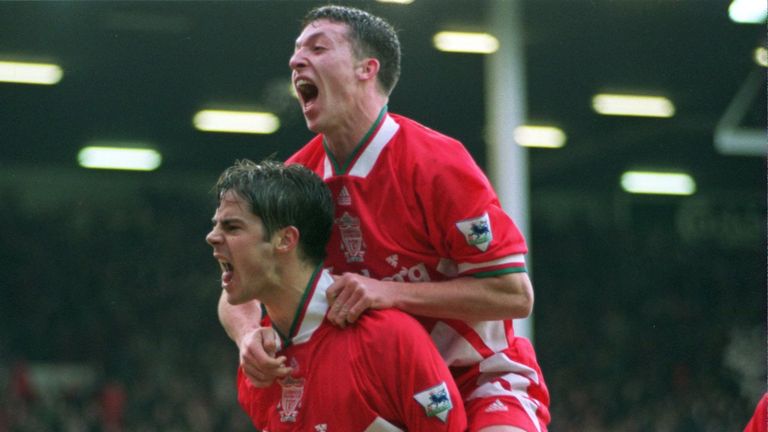 19 MARCH 1995:  Jamie Redknapp celebrates his goal for Liverpool against Manchester United alongside Robbie Fowler