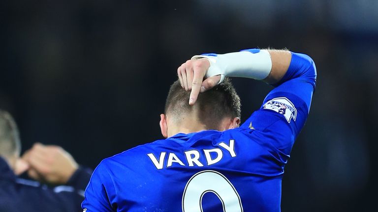 Leicester City's Jamie Vardy celebrates after the final whistle of the Barclays Premier League match against Watford.