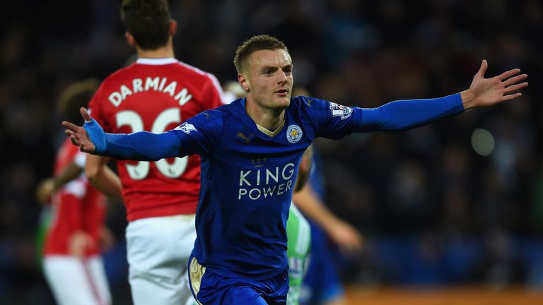 Jamie Vardy goal celeb, Leicester City v Manchester United, Premier League