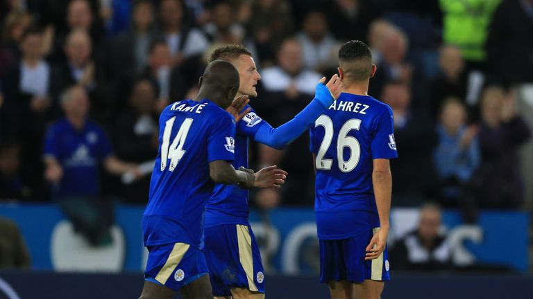 Leicester City's Jamie Vardy (centre) celebrates with Riyad Mahrez (right) and N'golo Kante after scoring his side's second goal against Watford
