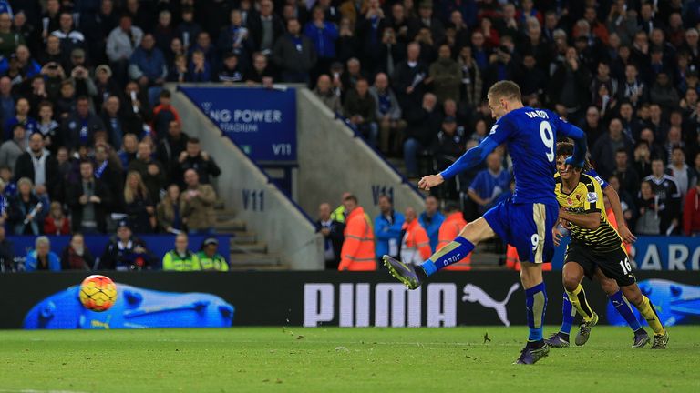 Leicester City's Jamie Vardy scores his side's second goal of the game from the penalty spot during the match against Watford