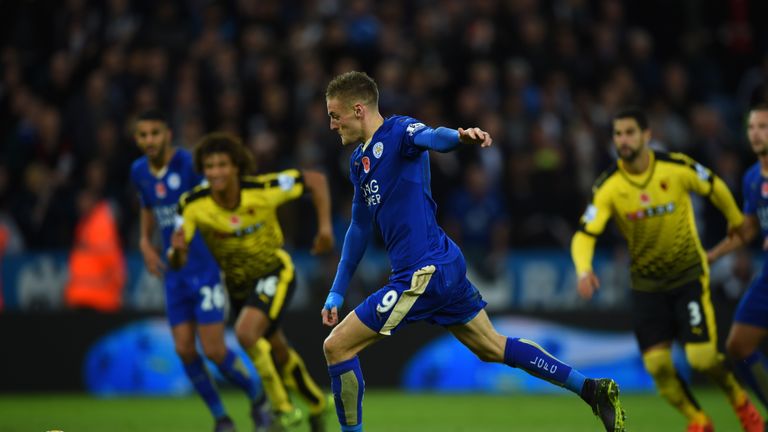 Jamie Vardy of Leicester City takes a penalty to score his team's second goal against Watford