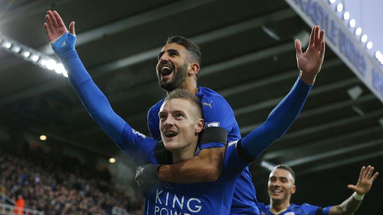 Jamie Vardy celebrates after scoring Leicester's opening goal against Newcastle United
