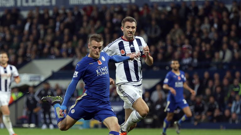 Jamie Vardy of Leicester City scores the third goal of the game for his side during the Barclays Premier League match