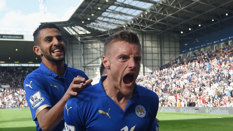 WEST BROMWICH, ENGLAND - APRIL 11:  Jamie Vardy of Leicester City (R) with Riyad Mahrez of Leicester City (L) celebrates scoring the third goal with team m