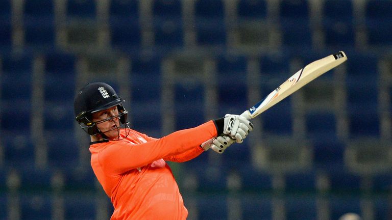 ABU DHABI, UNITED ARAB EMIRATES - NOVEMBER 23:  Jason Roy of England hits out for six runs during the T20 Tour Match between UAE and England at Zayed Crick