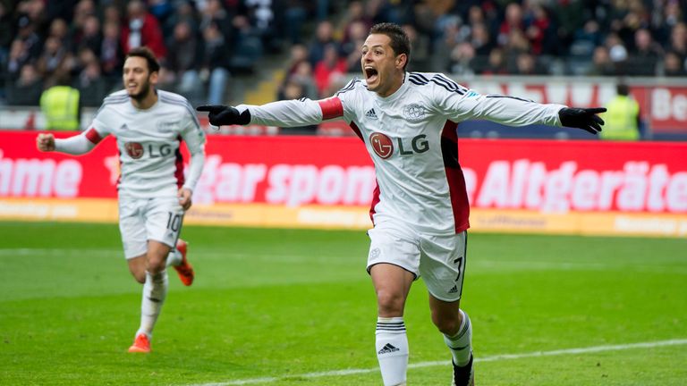 Javier Hernandez celebrates scoring for Bayer Leverkusen