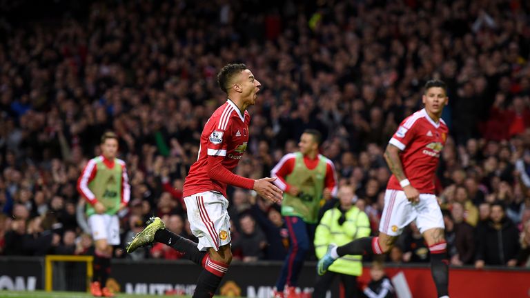 Manchester United's Jesse Lingard celebrates scoring their first goal of the game during the Barclays Premier League match against West Brom.