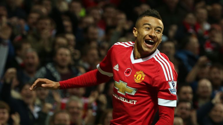 Jesse Lingard of Manchester United celebrates scoring their first goal against West Bromwich Albion