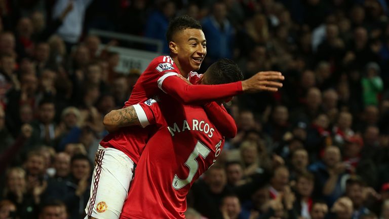 Jesse Lingard celebrates scoring his first senior goal for United