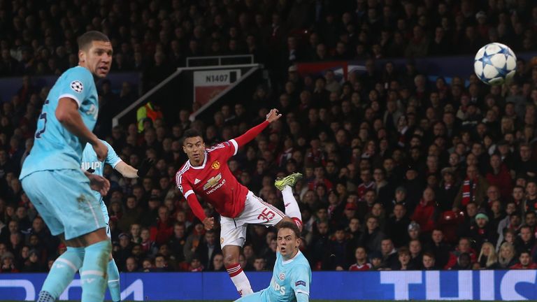 Jesse Lingard of Manchester United has a shot on goal