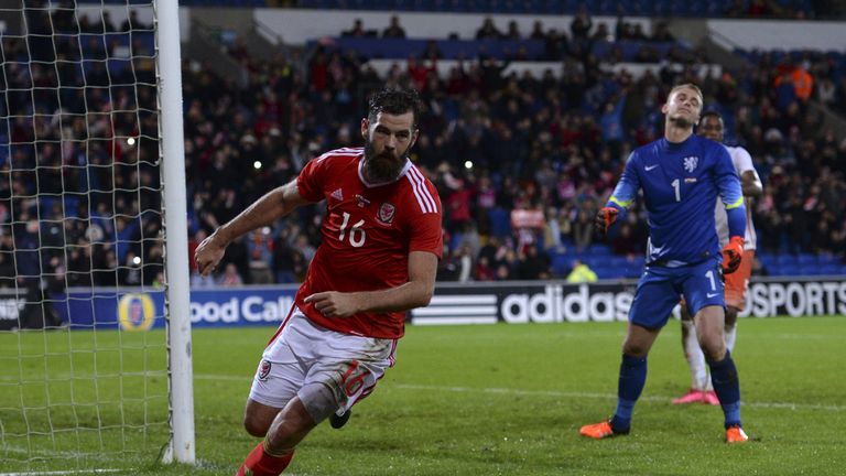 Wales's midfielder Joe Ledley celebrates scoring their first goal to equalise against Netherlands