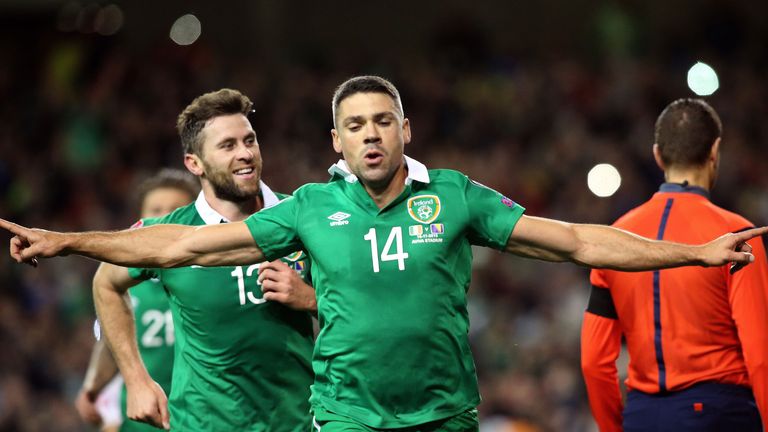 Ireland's Jonathan Walters celebrates after scoring his team's first goal against Bosnia in their Euro 2016 play-off second leg