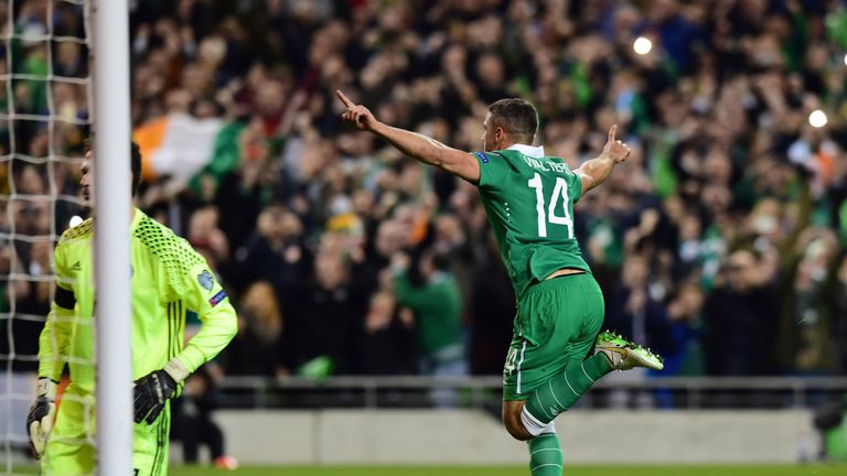 Jon Walters celebrates after scoring from the penalty spot during the Euro 2016 play-off match between the Republic of Ireland and Bosnia & Herzegovina