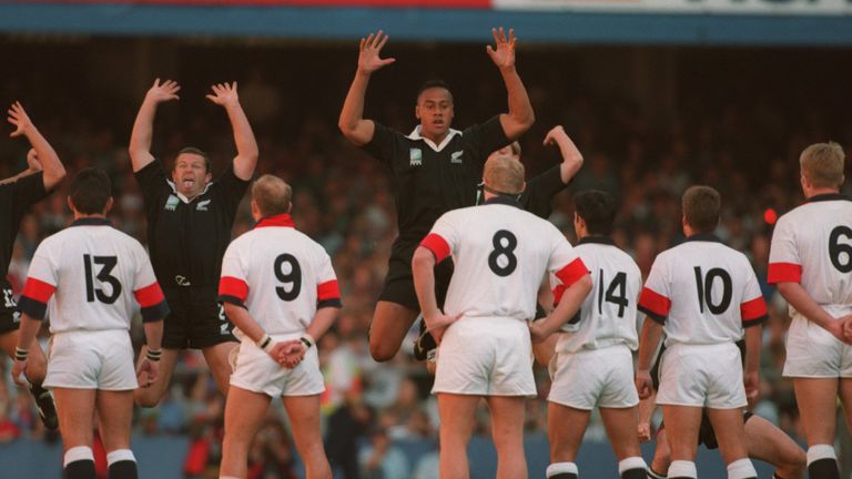 Jonah Lomu doing the haka against England in 1995 semi-final of the World Cup