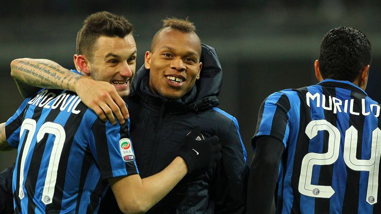 Jonathan Biabiany (C), Marcelo Brozovic (L) and Jeison Murillo (R) of FC Internazionale Milano celebrate a victory at the end