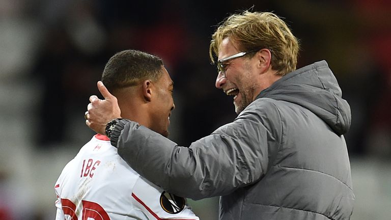 Head coach Jurgen Klopp (R) and Jordon Ibe of Liverpool FC celebrate after their victory over FC Rubin Kazan in the UEFA Europ