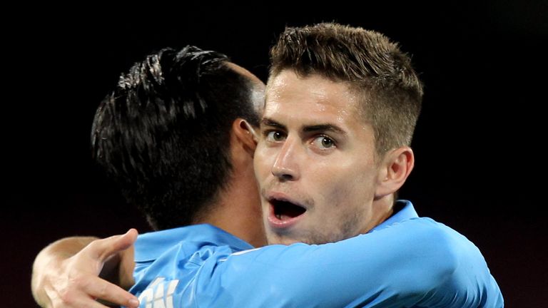 NAPLES, ITALY - AUGUST 02:  Jose' Maria Callejon (L) with his teammate Jorginho of SSC Napoli celebrates after scoring the opening goal during the pre-seas