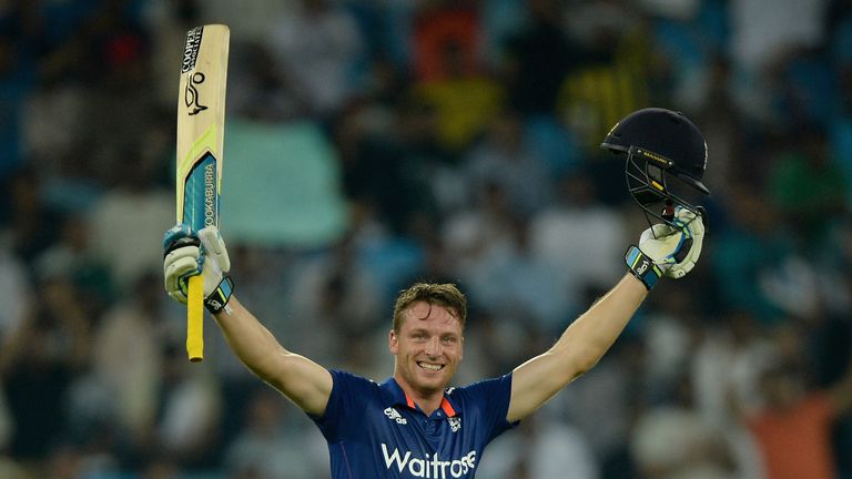 Jos Buttler of England celebrates reaching his century during the 4th One Day International between Pakistan and England in Dubai