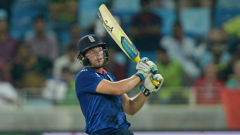 Jos Buttler hits a six during the 4th ODI between Pakistan and England in Dubai