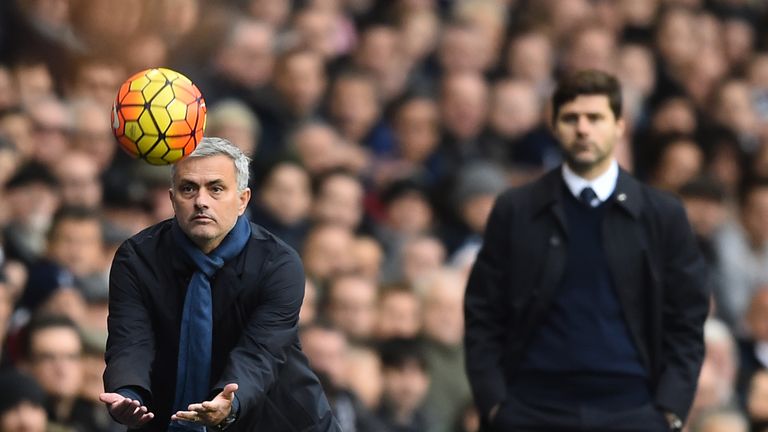 Chelsea's Jose Mourinho (left) goes for a catch, in front of Tottenham boss Mauricio Pochettino