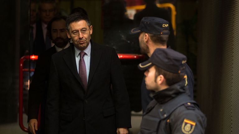 Barcelona president Josep Maria Bartomeu leaves Spain's High Court earlier this year