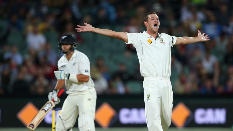 ADELAIDE, AUSTRALIA - NOVEMBER 28:  Josh Hazlewood of Australia celebrates getting the wicket of Ross Taylor of New Zealand  during day two of the Third Te