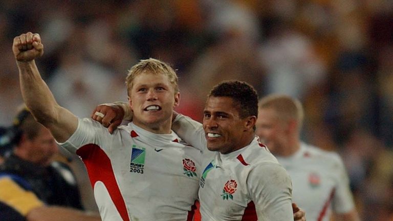 SYDNEY, AUSTRALIA - NOVEMBER 23:  England's Josh Lewsey and Jason Robinson celebrate on the final whistle following the 2003 Rugby World Cup Final played a