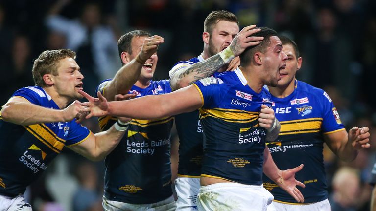 Leeds' Josh Walters celebrates his try with team-mates after scoring the winning try in the Grand Final 2015