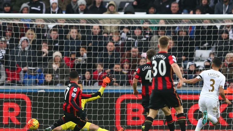 Joshua King of Bournemouth scores his team's first goal against Swansea City