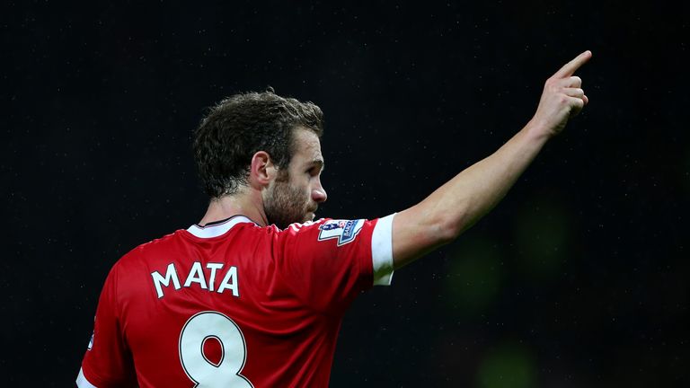 Juan Mata of Manchester United celebrates scoring his team's second goal against West Bromwich Albion at Old Trafford on November 7, 2015
