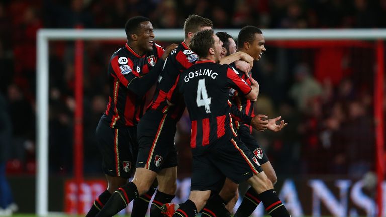 Junior Stanislas (far right) equalises for Bournemouth in the eighth minute of injury time