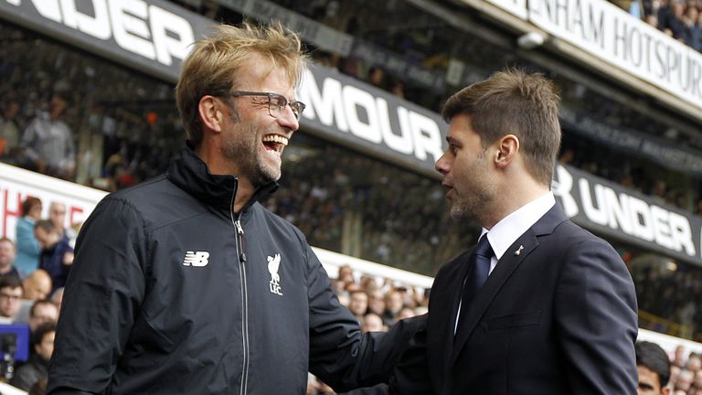Liverpool manager Jurgen Klopp greets Tottenham Coach Mauricio Pochettino ahead of the Premier League match at White Hart Lane