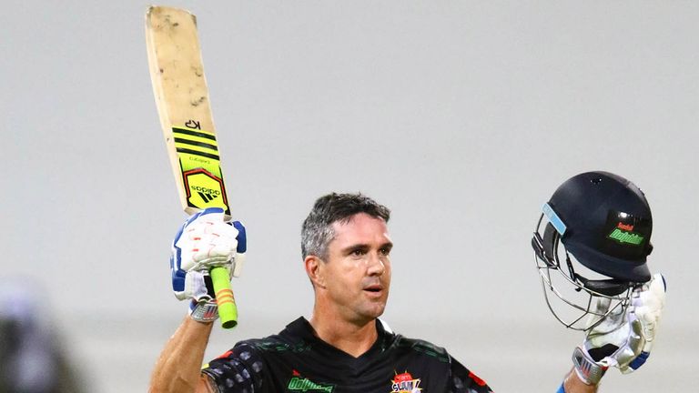 Kevin Pietersen of the Sunfoil Dolphins celebrates his century during the Ram Slam T20 Challenge match v VKB Knights
