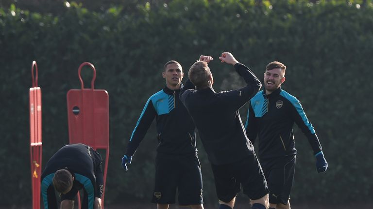 Kieran Gibbs, Per Mertesacker, Aaron Ramsey, Arsenal training session, London Colney