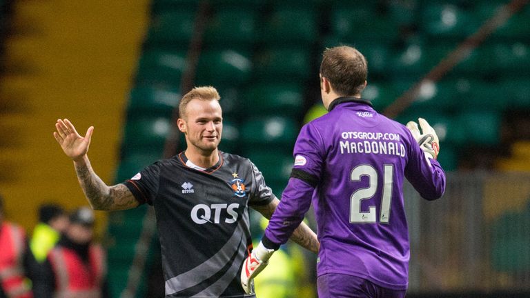 Kilmarnock goalkeeper Jamie MacDonald (right) celebrates with Kallum Higginbotham after the draw at Celtic
