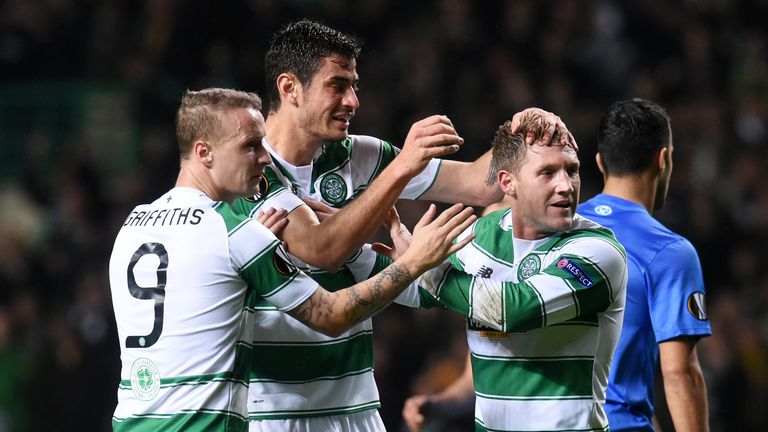 Celtic's Kris Commons (right) celebrates with team-mates Leigh Griffiths (left) and Nir Bitton after scoring his side's opening goal