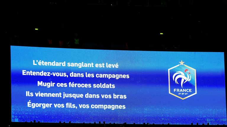The words to La Marseillaise, the french national anthem, on screens prior to the international friendly match at Wembley Stadium, London. 