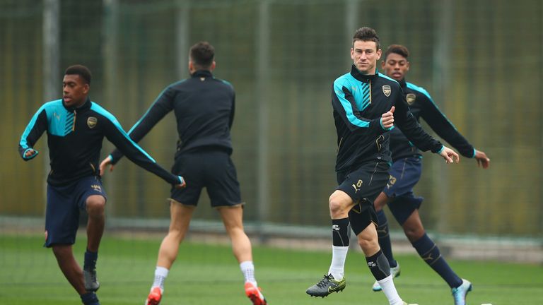 Laurent Koscielny trains ahead of Arsenal's flight to Germany for Wednesday's game against Bayern Munich