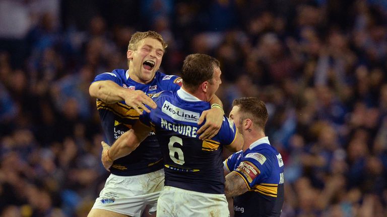 Leeds Rhinos' Danny McGuire and Jimmy Keinhorst (left) celebrate after winning the Super League Grand Final 