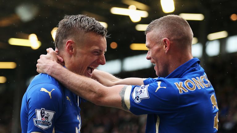 Leicester City's Jamie Vardy celebrates scoring their first goal with Paul Konchesky during the Barclays Premier League game against Burnley in 2015