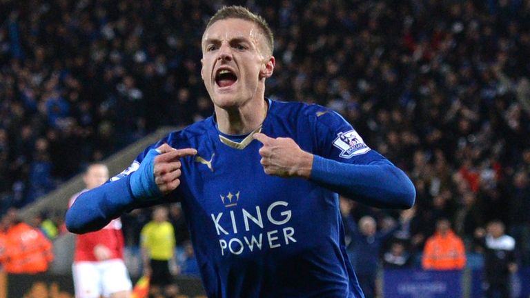 Leicester's Jamie Vardy celebrates after putting his side a goal to the good over Man United