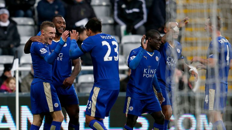 Leicester City players celebrate Jamie Vardy's first goal of the game 