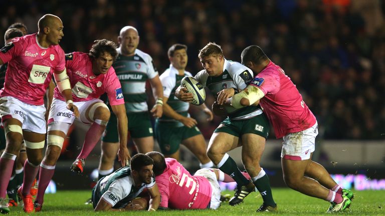 Tom Youngs of Leicester is tackled during the match between Leicester Tigers and Stade Francais at Welford Road on November 13, 2015
