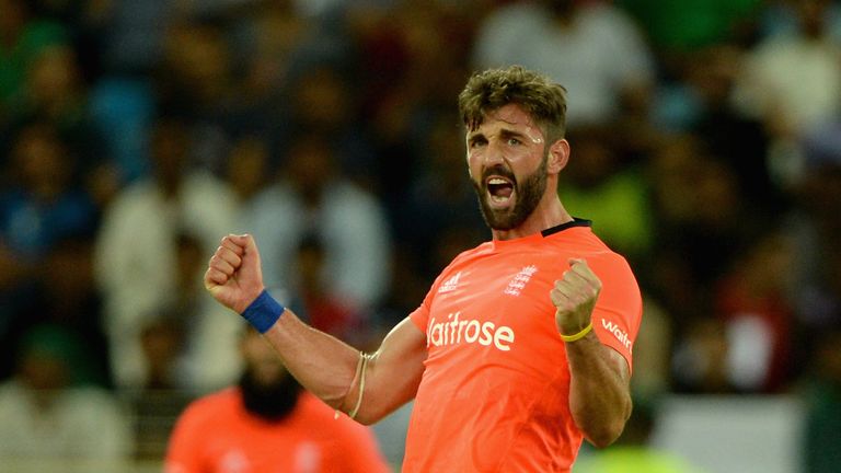 Liam Plunkett of England celebrates dismissing Mohammad Hafeez of Pakistan during the 1st International T20 match in Dubai