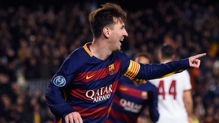 Lionel Messi of Barcelona celebrates after scoring against Roma