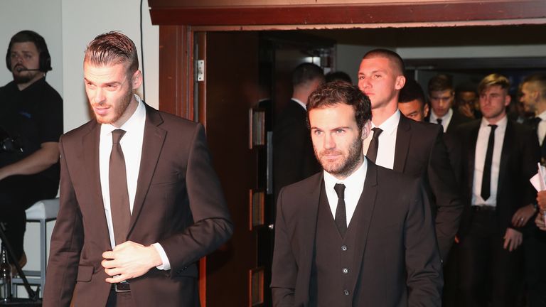 David de Gea and Juan Mata arrive for the United for UNICEF Gala Dinner at Old Trafford