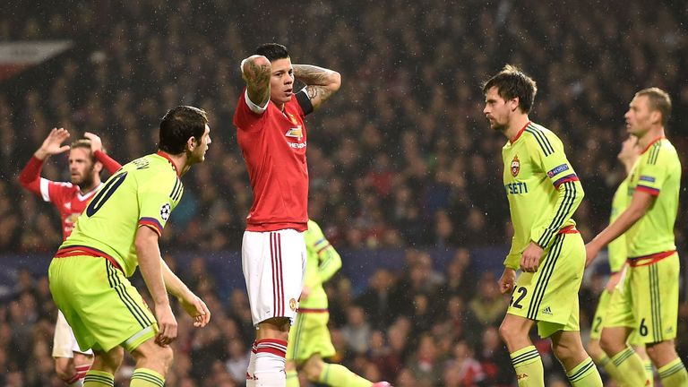 Manchester United's Marcos Rojo (centre) looks dejected after missing a chance