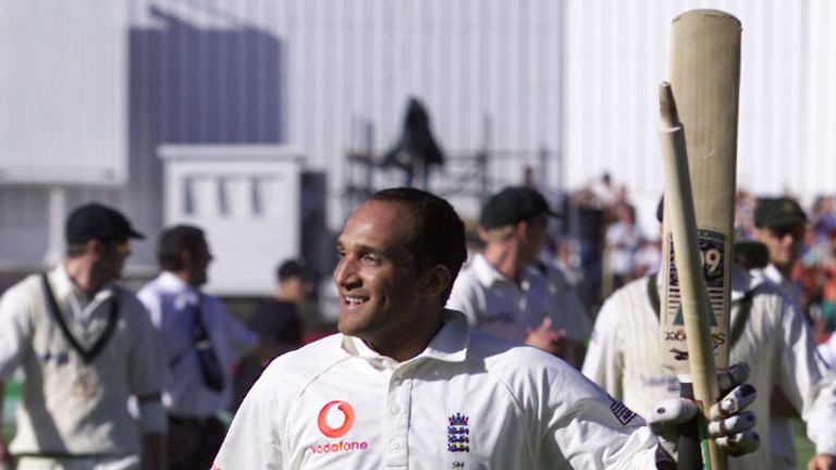 20 Aug 2001: Mark Butcher of England celebrates his match winning innings during the 5th days play of the 4th Test Match between England and Australia at H