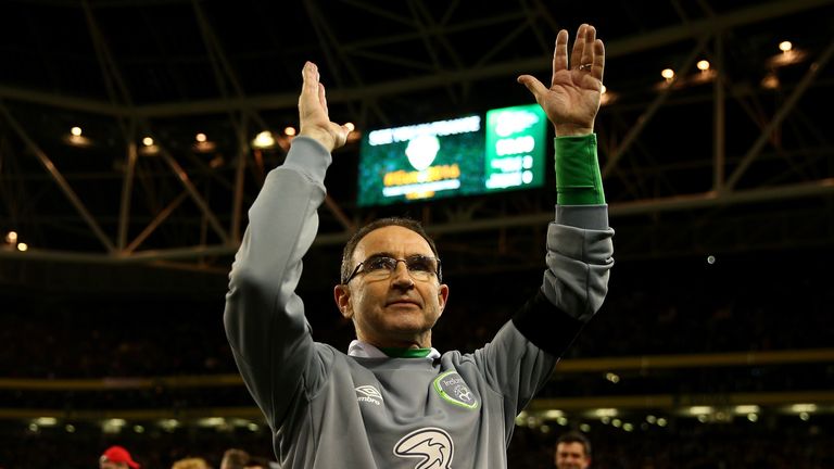 Martin O'Neill, Republic of Ireland manager, celebrates  his team's 2-0 victory over Bosnia and qualification for Euro 2016